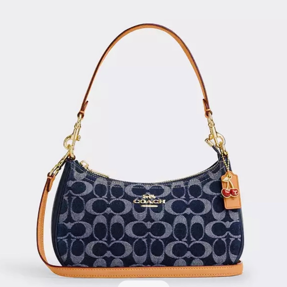 Coach Teri Shoulder Bag In Signature Denim W/Cherry & Leather Hangtag NWT